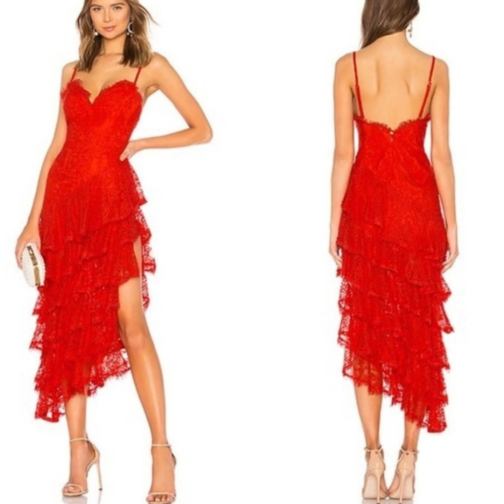 Majorelle Oracle Red Lace Dress Tiered Ruffle Midi Size XXS - Picture 1 of 10